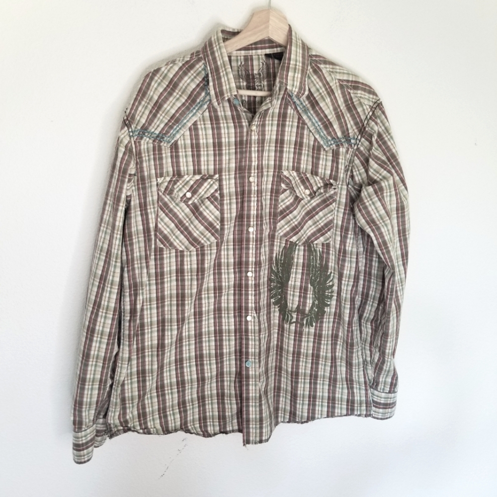 Vintage Platini Western Pearl Snap Shirt Plaid Embroidered 2 Pockets Long Sleeve